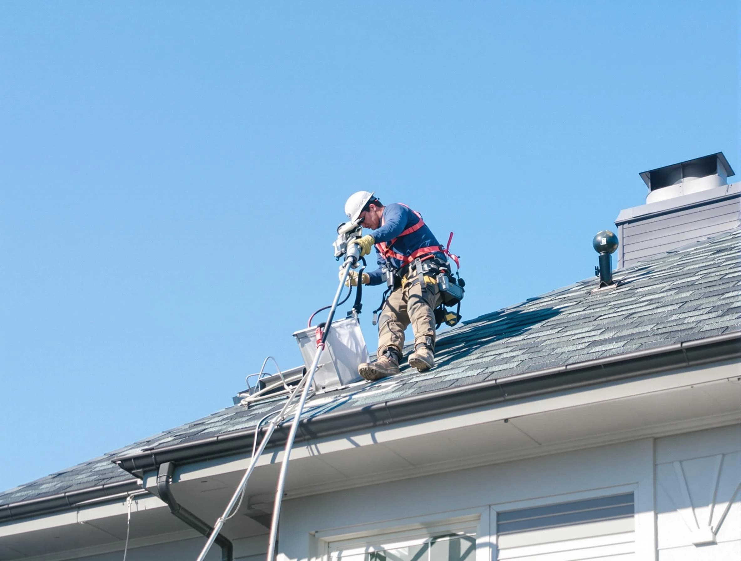 Needham Dryer Vent Cleaning certified technician cleaning a roof-mounted dryer vent system in Needham