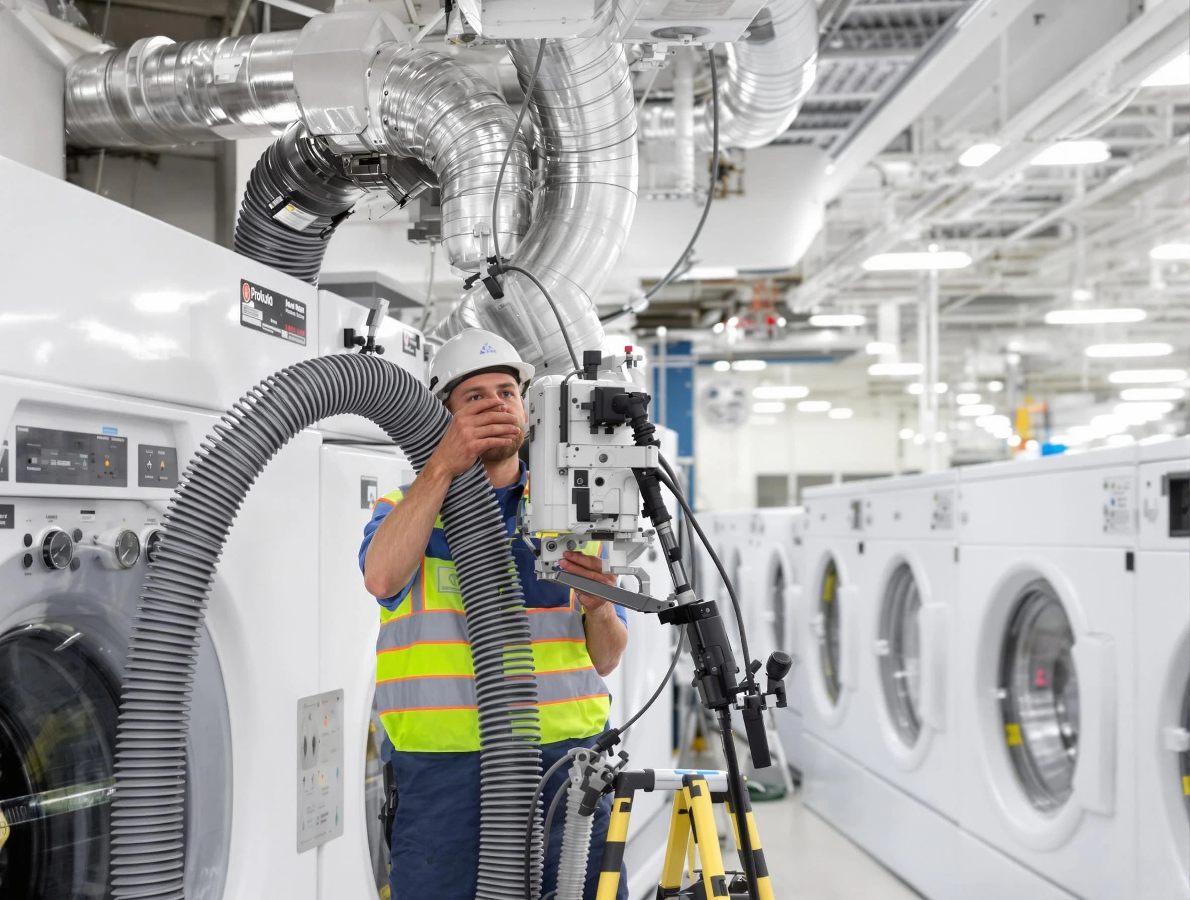 Needham Dryer Vent Cleaning team performing commercial-grade dryer vent cleaning at a business facility in Needham