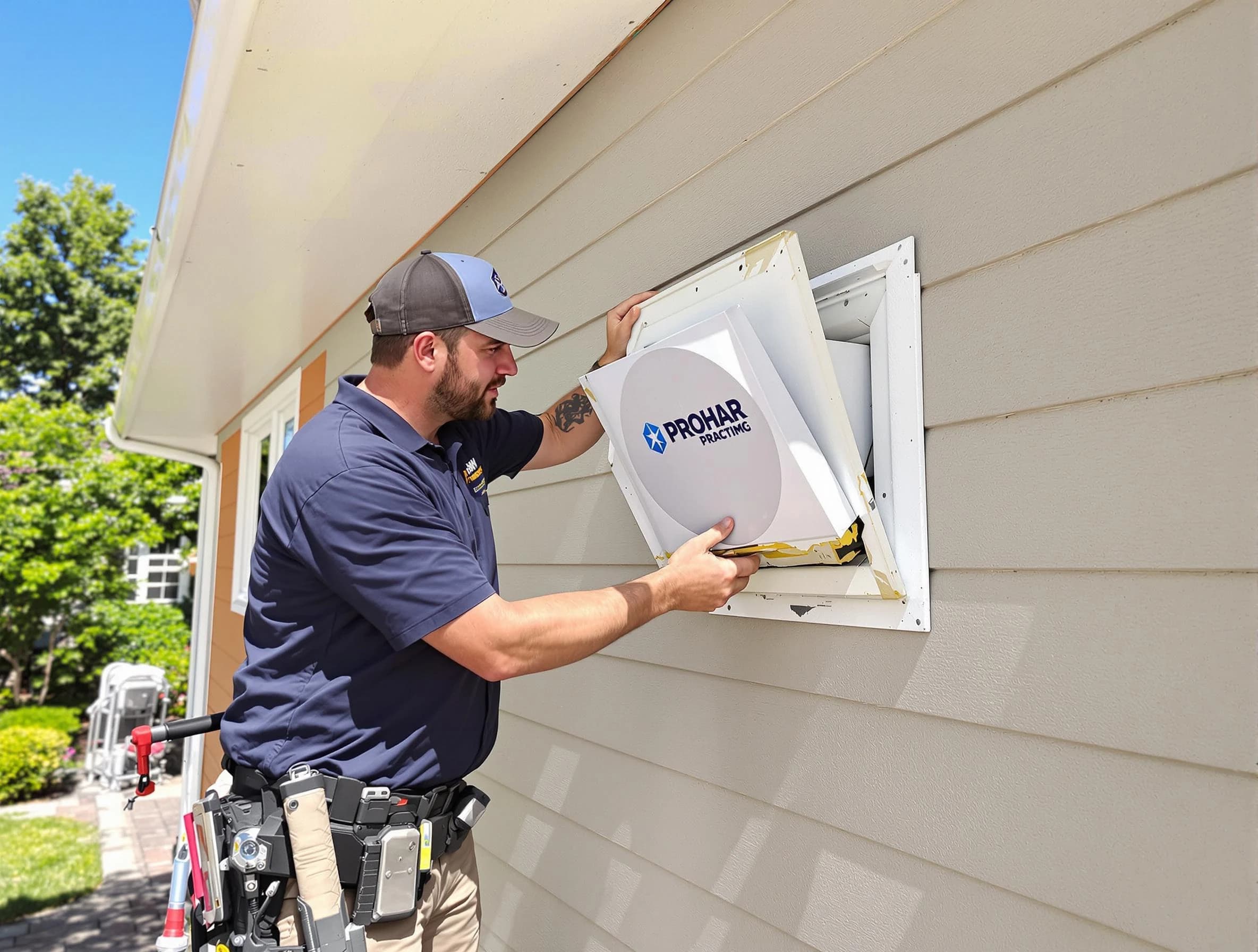 Needham Dryer Vent Cleaning technician installing a new protective dryer vent cover on a home in Needham