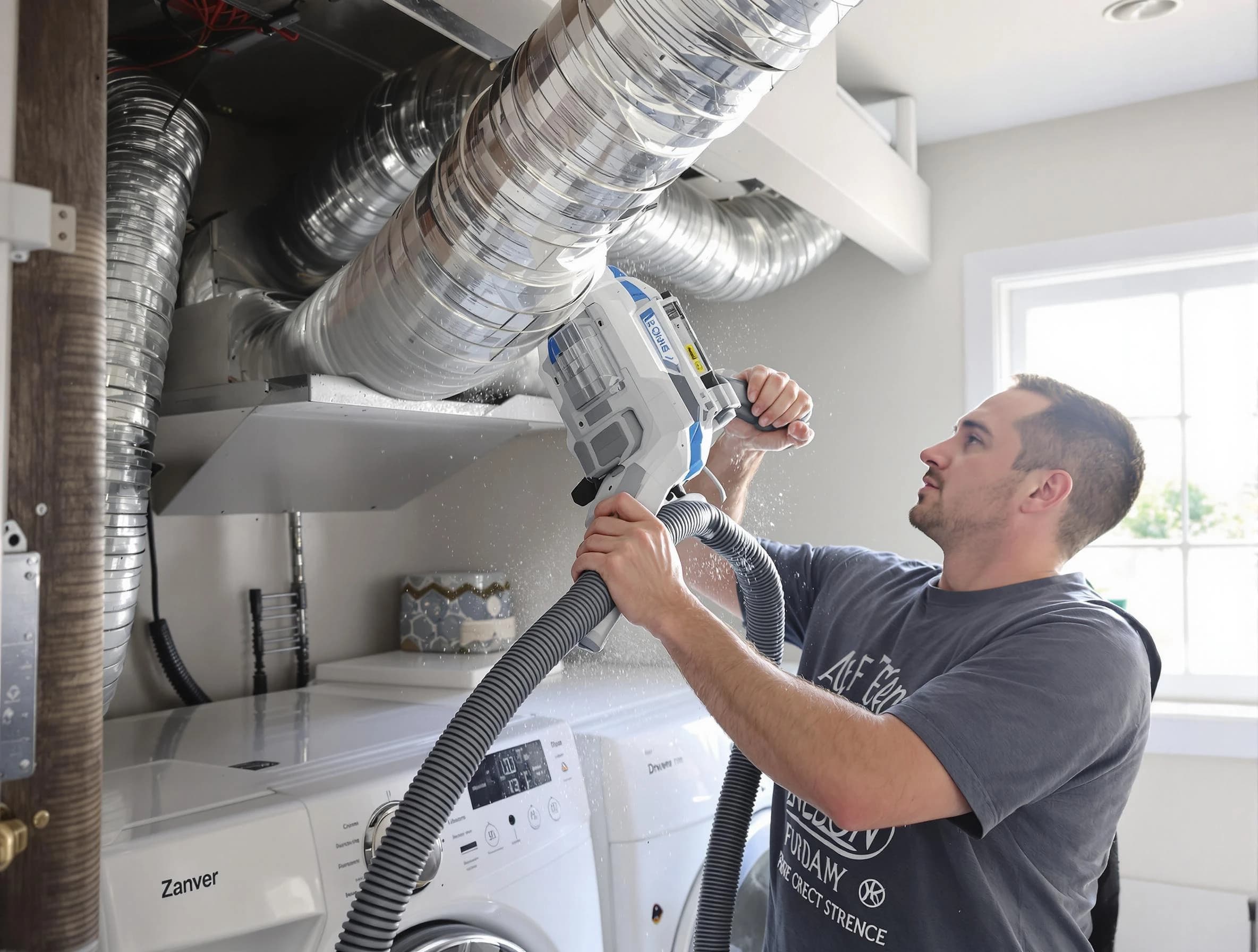 Needham Dryer Vent Cleaning specialist cleaning deep within a dryer vent duct system in Needham