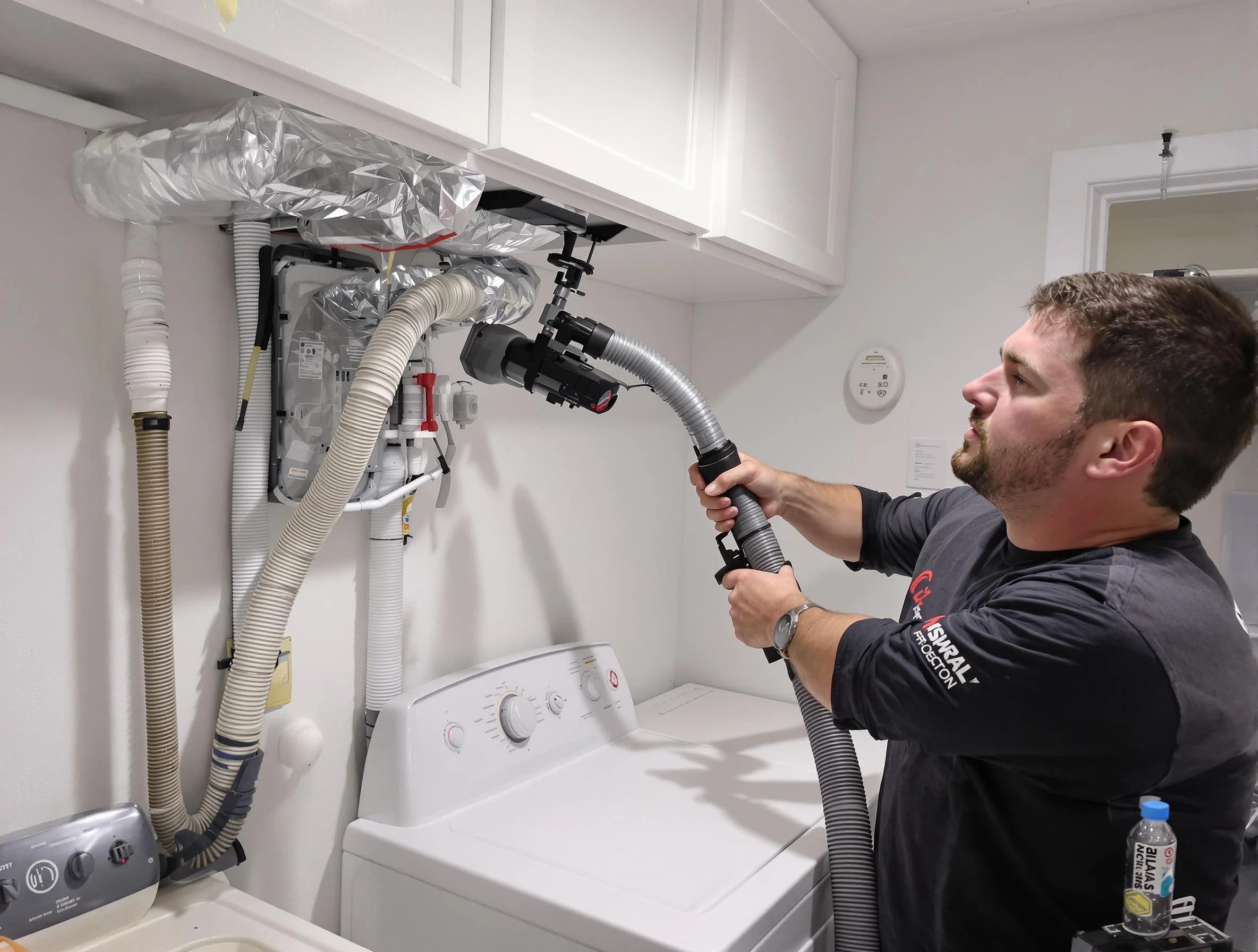 Needham Dryer Vent Cleaning certified technician performing safety-focused gas dryer vent cleaning in Needham