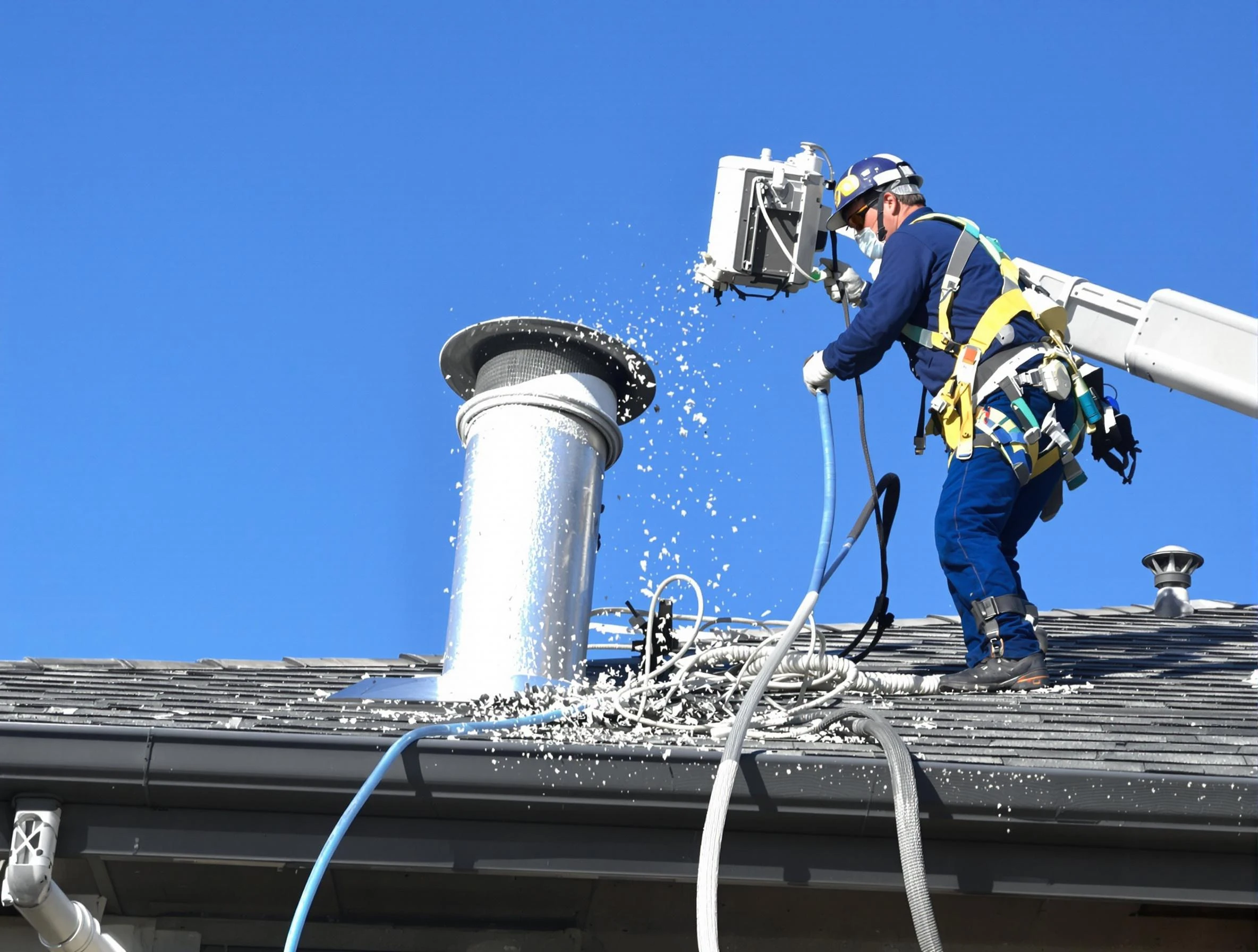 Needham Dryer Vent Cleaning certified technician safely cleaning a roof-mounted dryer vent in Needham