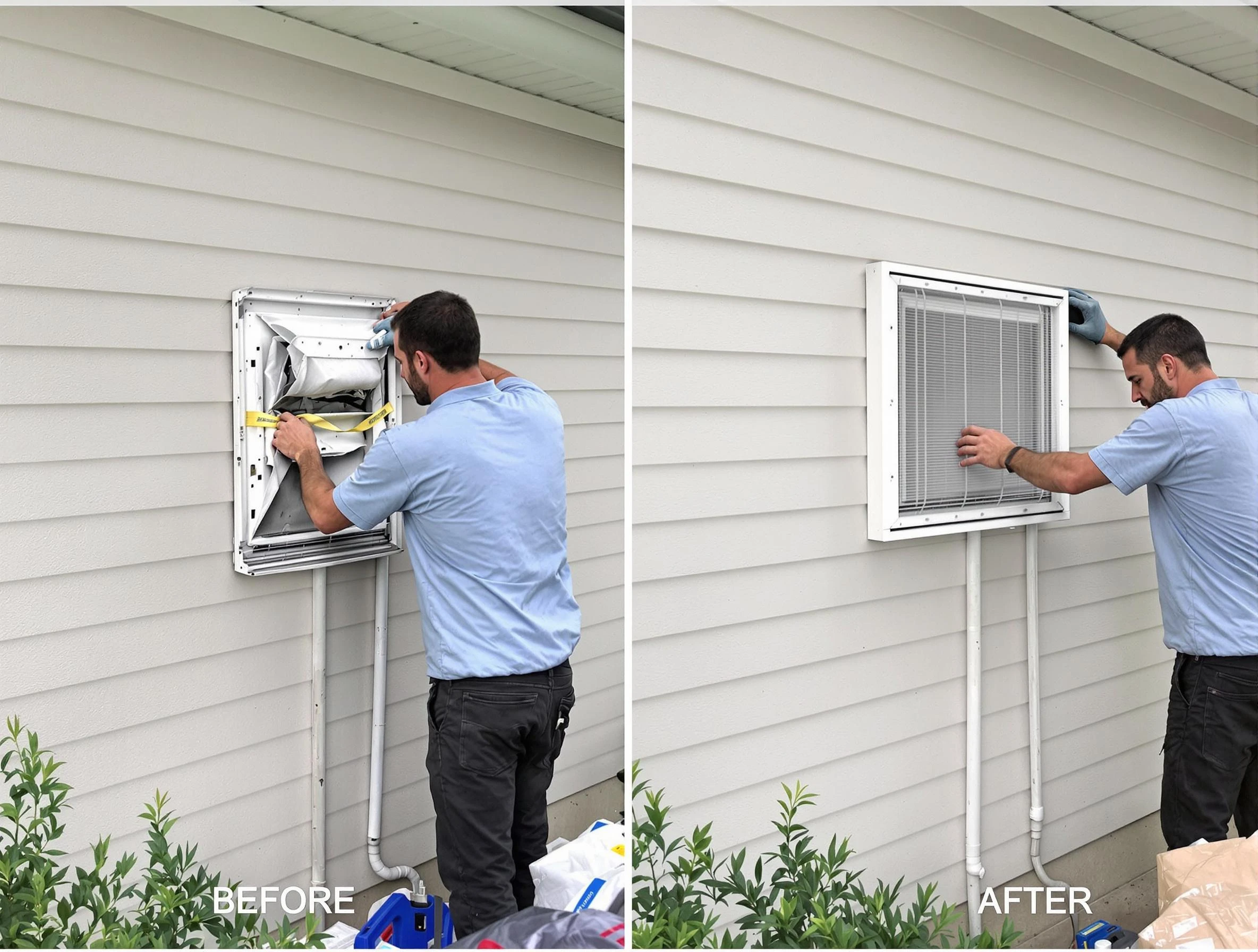 Needham Dryer Vent Cleaning technician installing high-quality dryer vent cover at a residential property in Needham